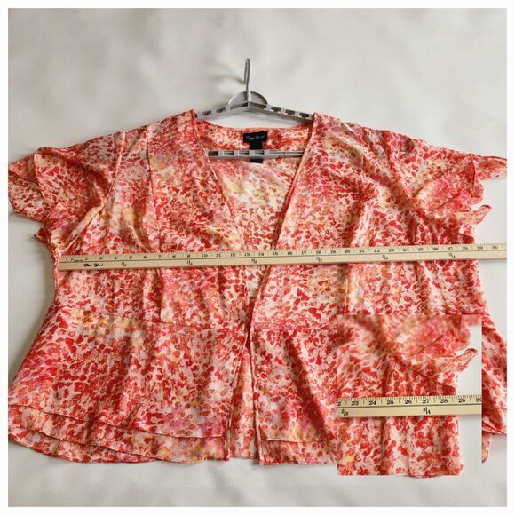 Maggie Barnes Flutter Sleeve Top Woman 30W Peach Orange Open Front Semi Shear - Picture 6 of 10